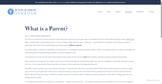 Security scan screenshot of https://www.actonacademyoshkosh.org/blog/what-is-a-parent