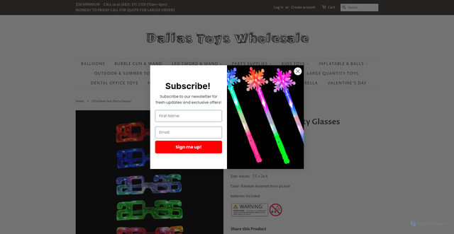 Security scan screenshot of https://www.dallastoyswholesale.com/products/2026-new-year-party-glasses?srsltid=AfmBOorhB3lhDcT0N0BlBj-I86H3ZF65j7fcozmM88rWSha7c0uhiKdw