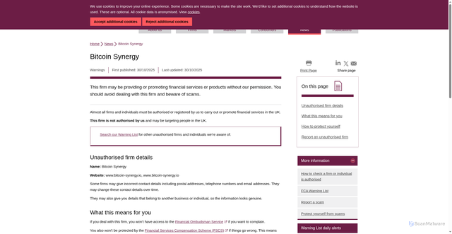 Security scan screenshot of https://www.fca.org.uk/news/warnings/bitcoin-synergy