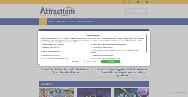 Security scan screenshot of https://attractionsmagazine.com