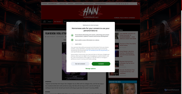 Security scan screenshot of https://horrornews.net/3341/film-review-fatal-attraction-1987/