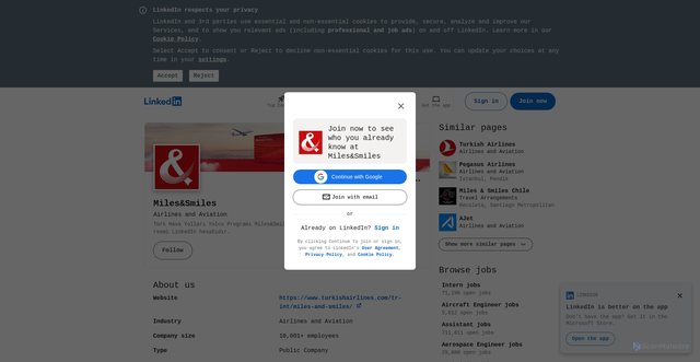 Security scan screenshot of https://www.linkedin.com/company/miles-smiles?utm_source=dengage&utm_medium=email&utm_campaign=Miles&Smiles%20Statement-LAS-CANLI-22042026=&dn_channel=email&dn_send_id=580
