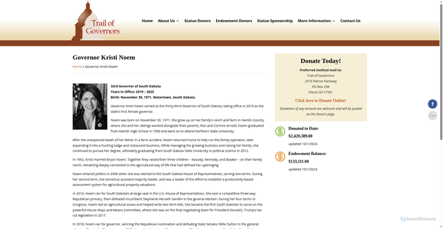 Security scan screenshot of https://www.trailofgovernors.com/governor-kristi-noem/