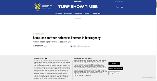 Security scan screenshot of https://www.turfshowtimes.com/2025/3/10/24382751/rams-free-agent-michael-hoecht-bills