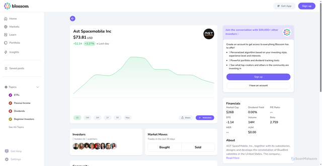 Security scan screenshot of https://www.blossomsocial.com/stocks/ASTS-STOCK-US-USD