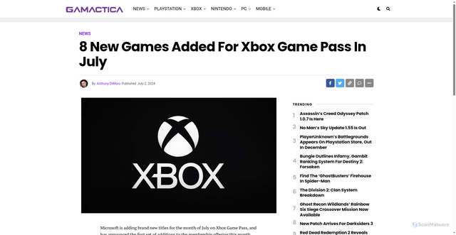 Security scan screenshot of https://gamactica.com/2024/07/02/8-new-games-added-for-xbox-game-pass-in-july/