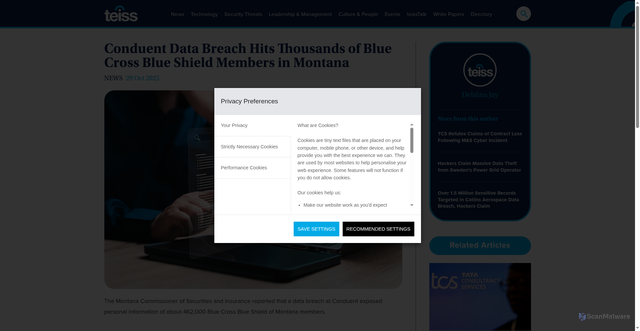 Security scan screenshot of https://www.teiss.co.uk/news/conduent-data-breach-hits-thousands-of-blue-cross-blue-shield-members-in-montana-16621