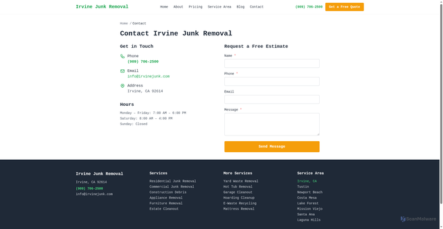 Security scan screenshot of https://irvine-junk-removal.pages.dev/contact/