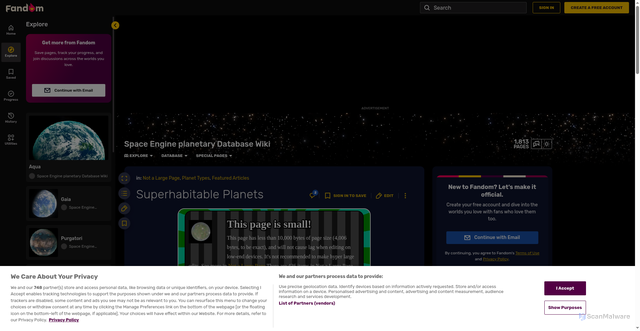 Security scan screenshot of https://se-database.fandom.com/wiki/Superhabitable_Planets