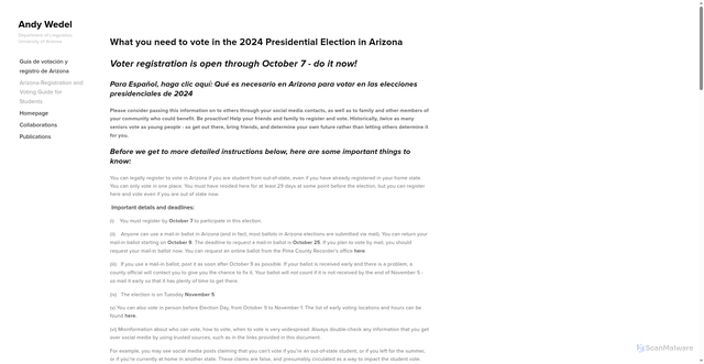 Security scan screenshot of https://www.andywedel.com/arizona-registration-and-voting-guide-for-students