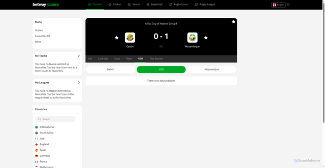 Security scan screenshot of https://scores.betwayafrica.com/football/match-detail/gabon-vs-mozambique/2898686/h2h