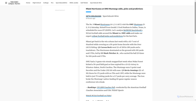 Security scan screenshot of https://www.milforddailynews.com/story/sports/ncaaf/2025/11/01/miami-at-smu-odds-picks-and-predictions/87014517007/