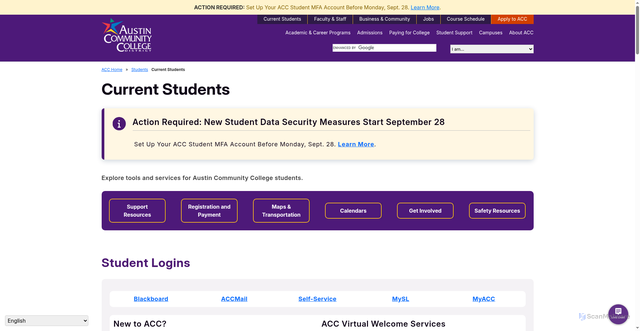 Security scan screenshot of https://students.austincc.edu