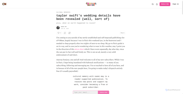 Security scan screenshot of https://culturalmemory.substack.com/p/taylor-swifts-wedding-details-have