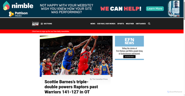 Security scan screenshot of https://larongenow.com/2025/12/28/scottie-barness-triple-double-powers-raptors-past-warriors-141-127-in-ot/