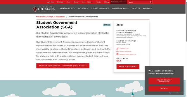Security scan screenshot of https://louisiana.edu/directory/student-government-association-sga