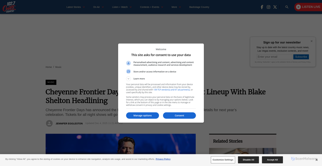 Security scan screenshot of https://coyotecountrylv.com/2025/12/04/cheyenne-frontier-days-announces-2026-concert-lineup-with-blake-shelton-headlining/