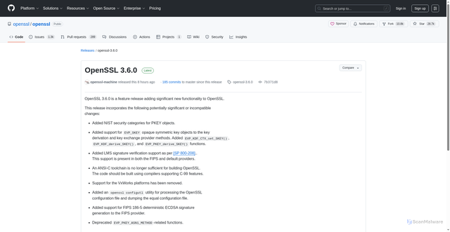 Security scan screenshot of https://github.com/openssl/openssl/releases/tag/openssl-3.6.0?mptk=876fa61ed0c5e27ec7fe677f2319357c69043c425f48a99997a158f26f60c42e1326726d31d6c37e9cf12cf49a31465c_ae1863b4fcf3d7e5105ac86b9286cd59