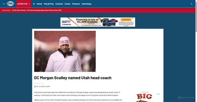 Security scan screenshot of https://www.lvfoxsports.com/2025/12/13/dc-morgan-scalley-named-utah-head-coach/