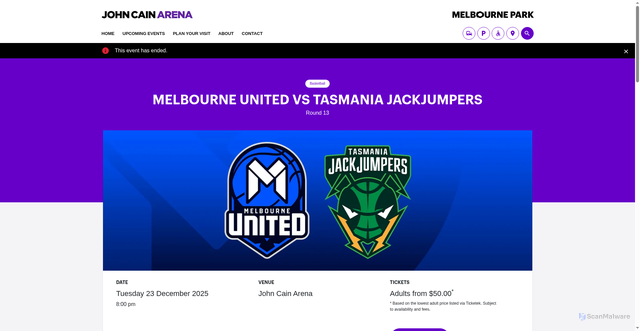 Security scan screenshot of https://johncainarena.com.au/event/melbourne-united-vs-tasmania-jackjumpers-round-13-2025-26/
