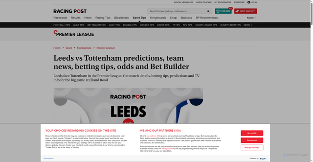 Security scan screenshot of https://www.racingpost.com/sport/football-tips/premier-league/leeds-vs-tottenham-predictions-team-news-betting-tips-odds-and-bet-builder-az2Jl7v0BzRC/