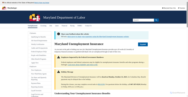 Security scan screenshot of https://labor.maryland.gov/unemployment-insurance/