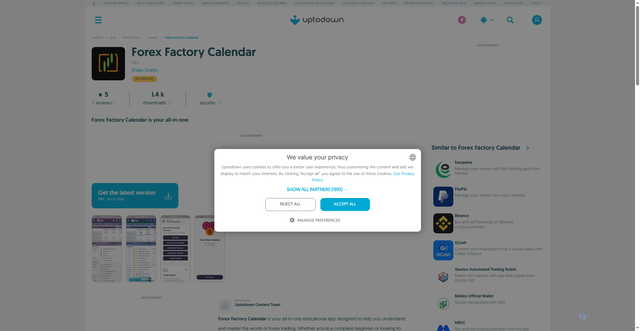 Security scan screenshot of https://forex-factory-calendar.en.uptodown.com/android