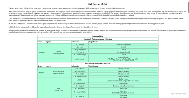 Security scan screenshot of http://scotcats.online.fr/abc/catspecies/subspecies.html