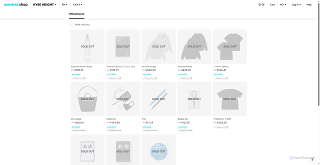 Security scan screenshot of https://shop.weverse.io/shop/CNY/artists/27/categories/445