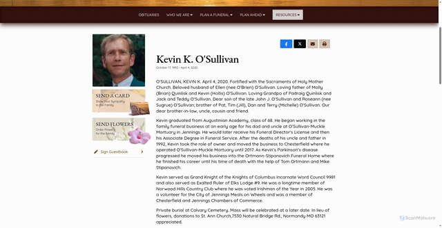Security scan screenshot of https://www.osfuneralhomes.com/obituary/kevin-osullivan