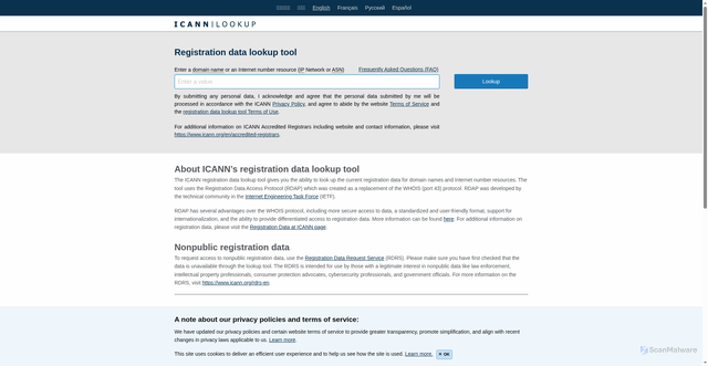 Security scan screenshot of https://lookup.icann.org