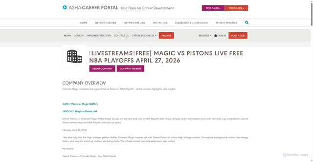 Security scan screenshot of https://careers2.asha.org/company/livestreamsfree-magic-vs-pistons-live-free-nba-playoffs-april-27-2026-50221
