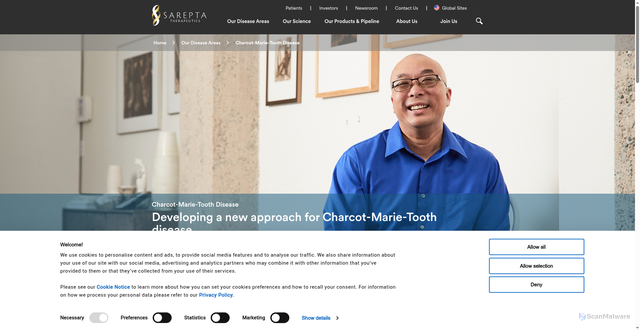 Security scan screenshot of https://www.sarepta.com/disease-areas/charcot-marie-tooth-disease