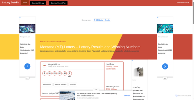 Security scan screenshot of https://lotterydetails.com/montana-lottery/