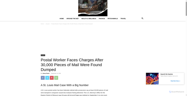 Security scan screenshot of https://pagetraveler.com/postal-worker-indicted-after-30000-pieces-of-mail-found-dumped/