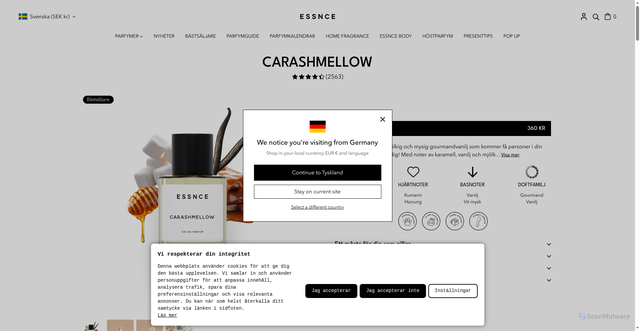 Security scan screenshot of https://checkout.essnce.se/products/carashmellow?utm_source=Klaviyo&utm_medium=flow&utm_campaign=Teamets%20favoriter&_klaviyopid=01M1432W4A69VDMQVTSWKFFQAH&_kx=-uXo7KnnzTZXcnXmPajZU7VvuGqIelMToRT0XwNv-fM.RjWjqG