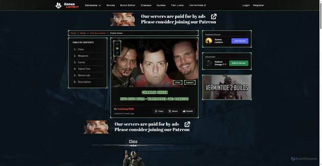 Security scan screenshot of https://darktide.gameslantern.com/builds/a07faec3-209f-4f93-9f05-de31958fb125/charlie-sheen