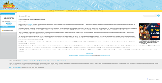 Security scan screenshot of https://www.casinocitytimes.com/news/article/prizepicks-and-shots-announce-expanded-partnership-262408