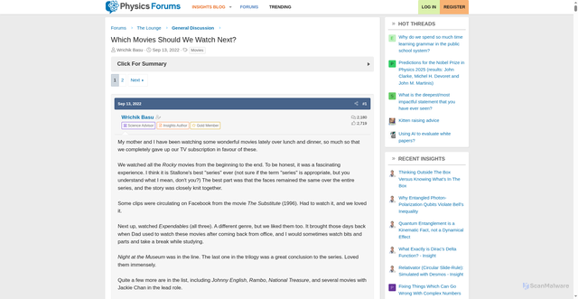 Security scan screenshot of https://www.physicsforums.com/threads/which-movies-should-we-watch-next.1045551/
