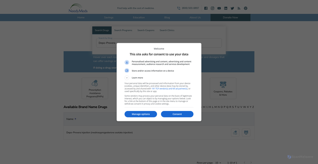 Security scan screenshot of https://www.needymeds.org/brand-drug/name/Depo-Provera
