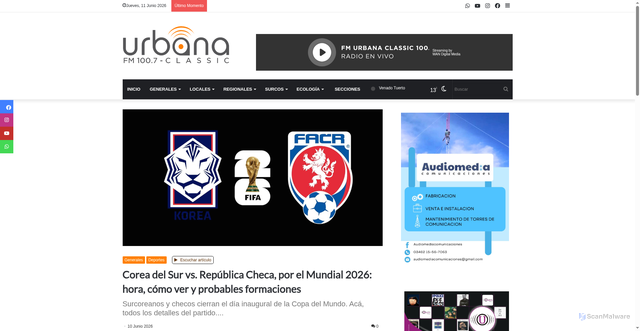 Security scan screenshot of https://fmurbanaclassic.com.ar/articulo/corea-del-sur-vs.-republica-checa-por-el-mundial-2026-hora-como-ver-y-probables-formaciones.php