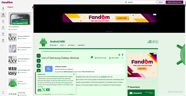 Security scan screenshot of https://android.fandom.com/wiki/List_of_Samsung_Galaxy_devices