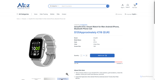 Security scan screenshot of https://atozsurgcialhouse.store/product/amazfit-gts-2-smart-watch-for-men-android-iphone-bluetooth-phone-call/