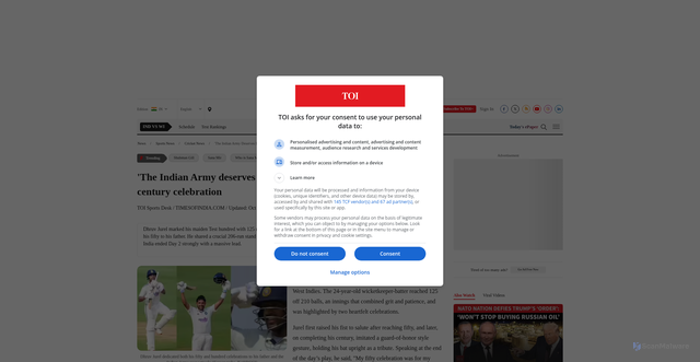 Security scan screenshot of https://timesofindia.indiatimes.com/sports/cricket/india-vs-west-indies/the-indian-army-deserves-it-dhruv-jurel-explains-gun-salute-century-celebration/articleshow/124290800.cms