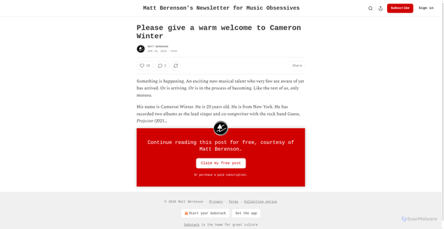 Security scan screenshot of https://mattberenson.substack.com/p/please-give-a-warm-welcome-to-cameron