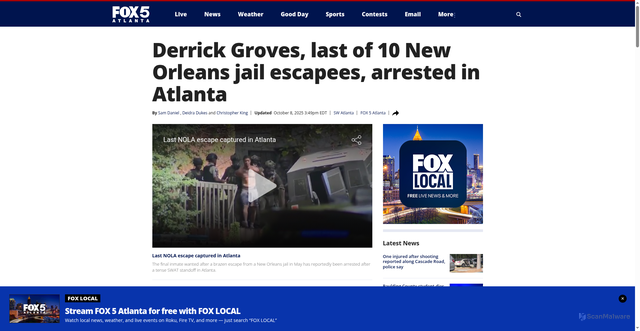Security scan screenshot of https://www.fox5atlanta.com/news/derrick-groves-new-orleans-jail-escapee-atlanta-arrested
