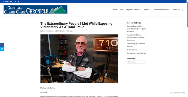 Security scan screenshot of https://glendalecherrycreek.com/2026/05/the-extraordinary-people-i-met-while-exposing-victor-marx-as-a-total-fraud/
