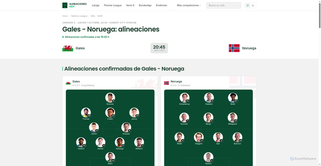 Security scan screenshot of https://alineacioneshoy.es/nations-league/gales-noruega-01-10-2026/
