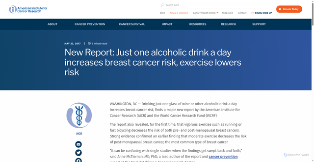 Security scan screenshot of https://www.aicr.org/news/new-report-just-one-alcoholic-drink-a-day-increases-breast-cancer-risk-exercise-lowers-risk/