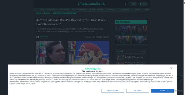 Security scan screenshot of https://fandomwire.com/30-year-old-smash-bros-pro-dead-why-was-hax-banned-from-tournaments/